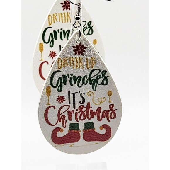 Christmas Faux Leather Teardrop Earrings "Drink Up Grinches It's Christmas" - Picture 3 of 5